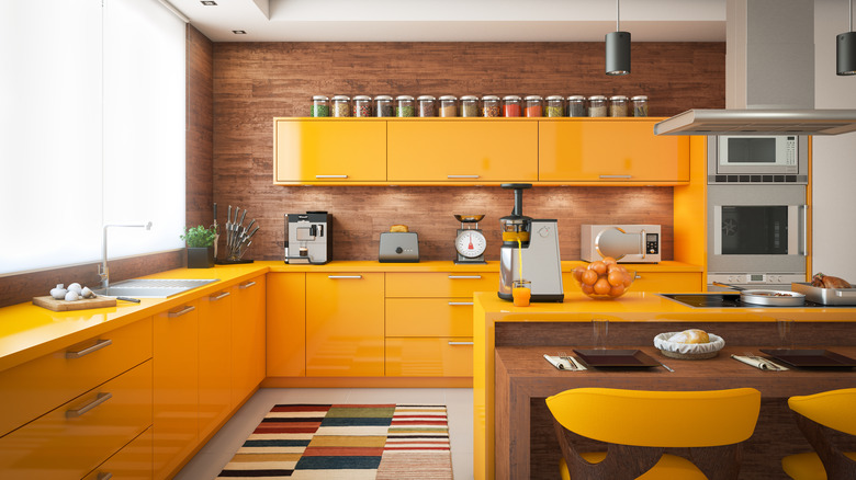 kitchen with yellow counters and cabinets