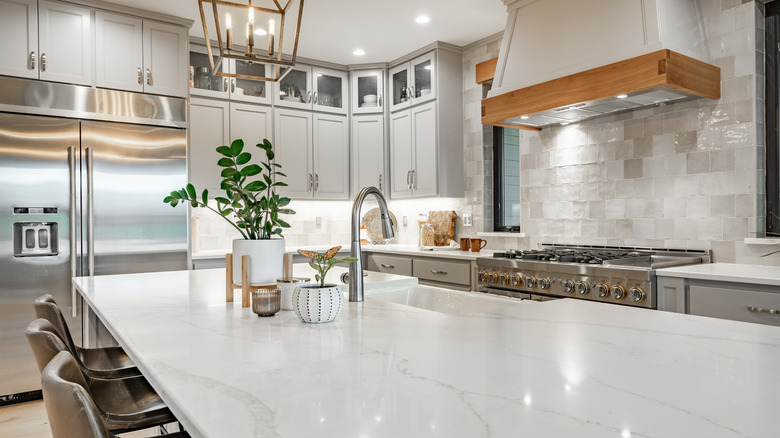 light veined granite countertop in modern kitchen