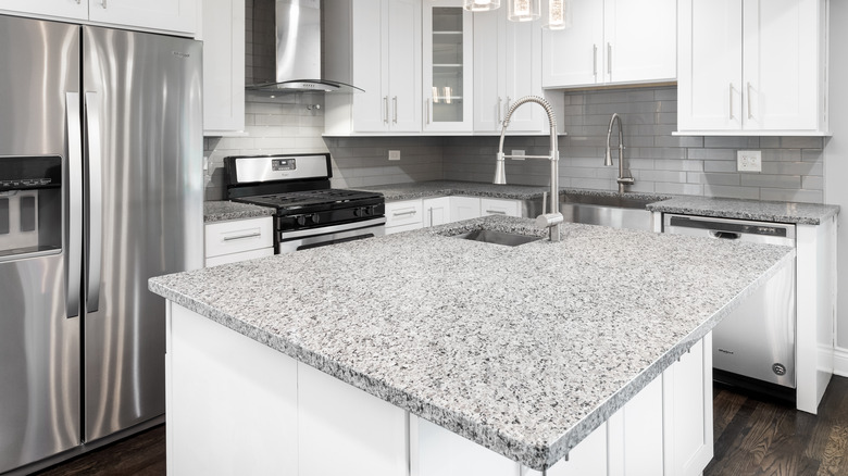 speckled granite countertops in white kitchen with stainless steel appliances