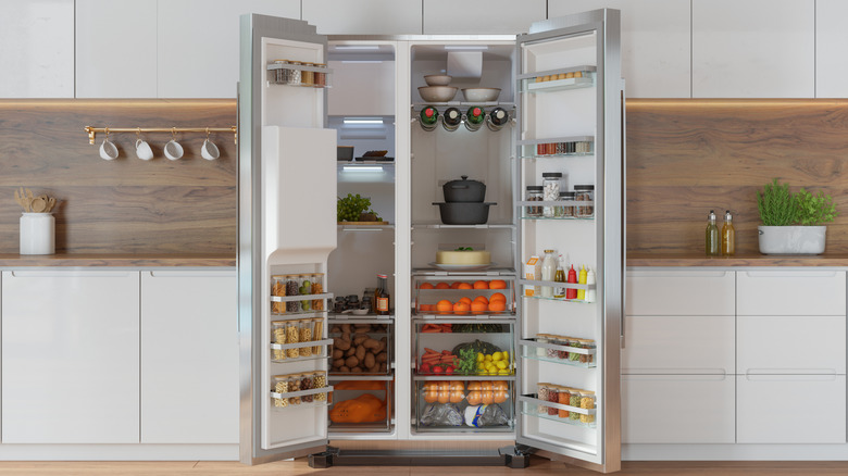 Massive refrigerator open and dominating kitchen