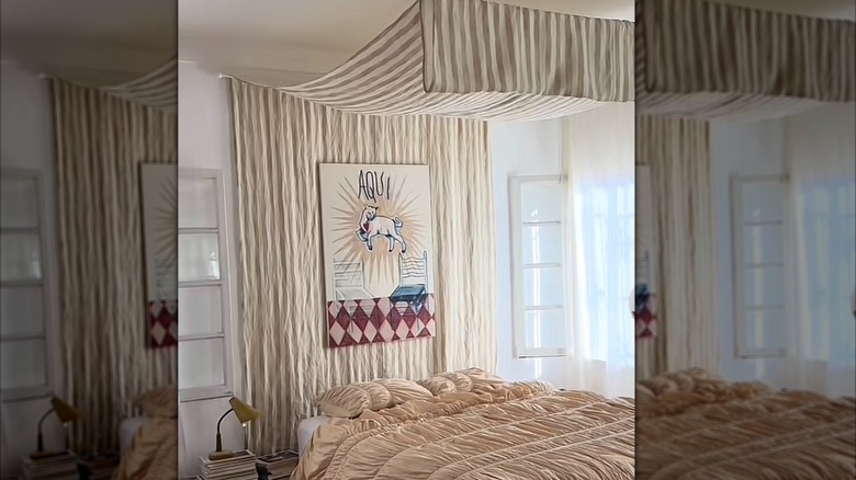 DIY custom canopy drapery over bed using curtain rods hung from ceiling