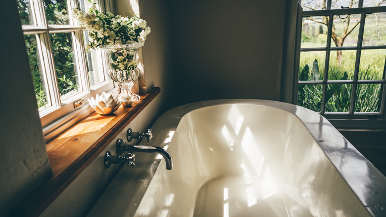 Bathroom with vintage dishes on ledge