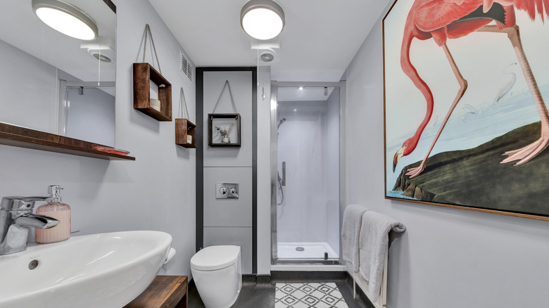 Bathroom with framed artwork and hanging shelves on the walls