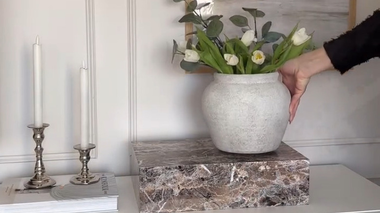 The finished console box covered in marble contact paper