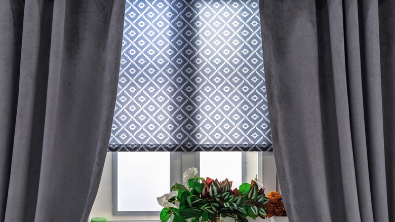 Windows with a patterned roller shade behind gray velvet curtains