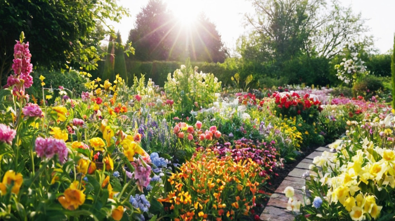 Spring garden full of colorful flowers