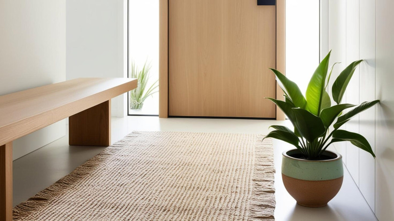 A beige rug with narrow vertical stripes in an entryway