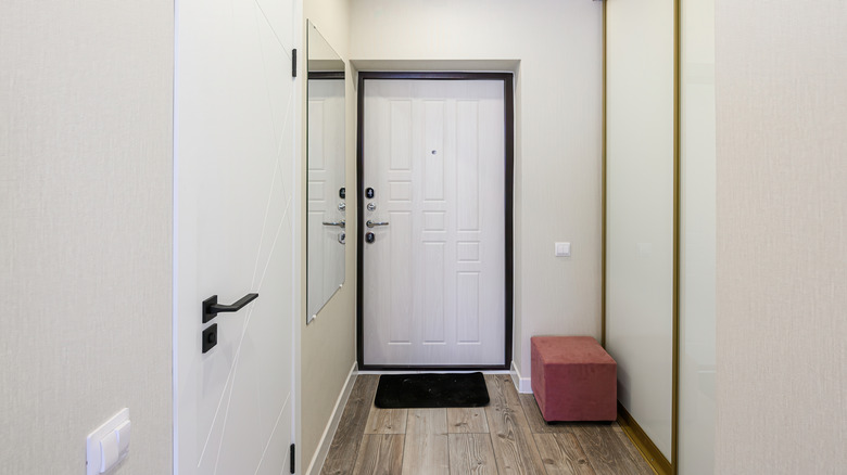 A narrow entryway with white doors and a mirror