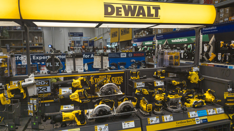 A wide range of DeWalt tools in a store display