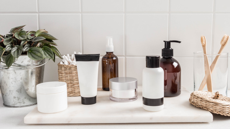 cluttered bathroom shelf