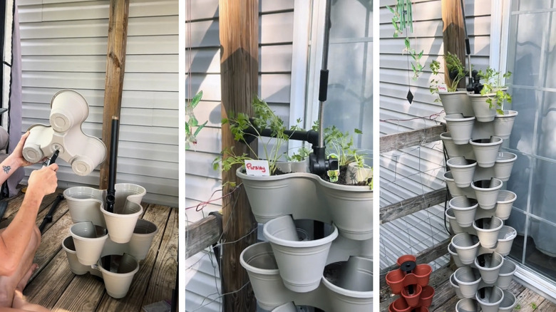 A gardener melts a plastic planter and then stacks it on other planters to form a larger planter.