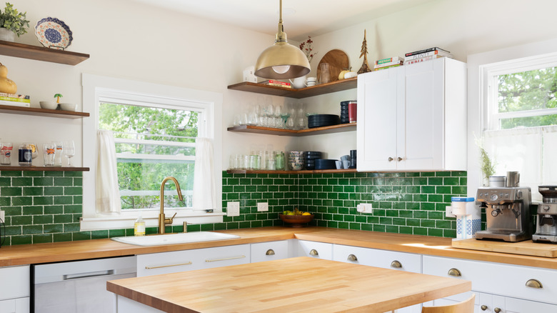 kitchen with colorful backsplash