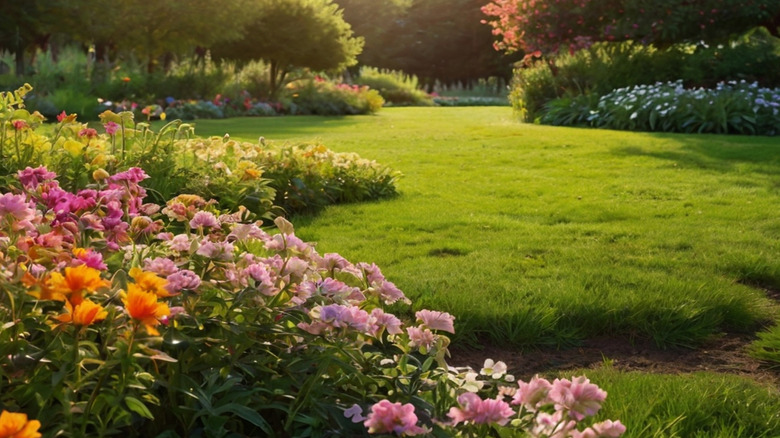 Green lawn with flower beds