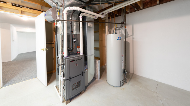 A water heater in a basement