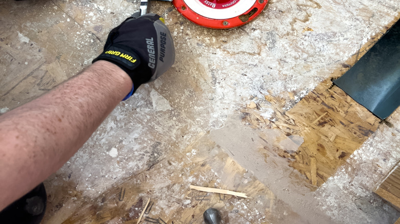 Close up of a toilet flange installation