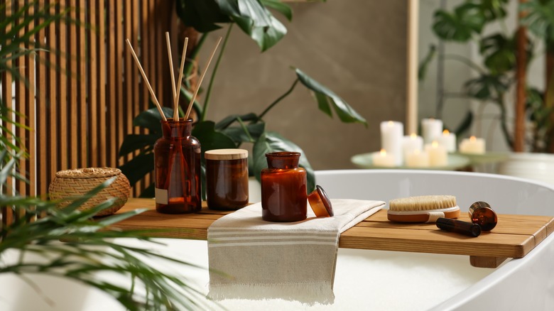 wooden bath tray with decor 