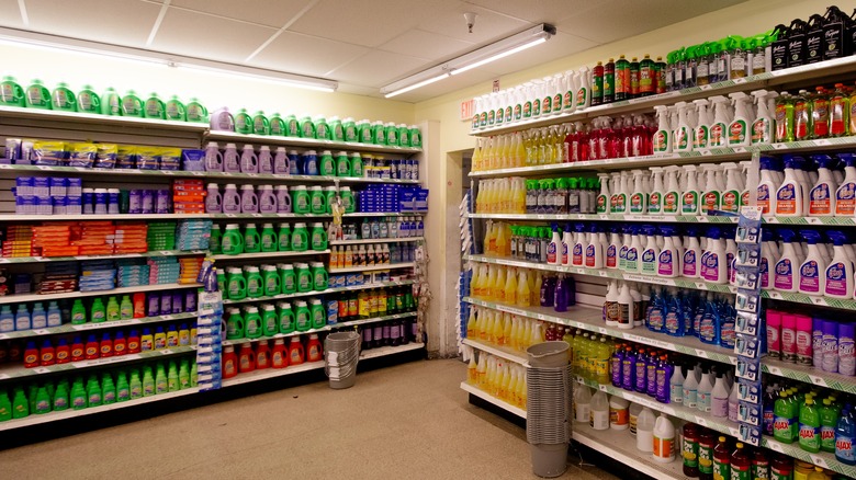 Shelves of cleaning supplies in a Dollar Tree store