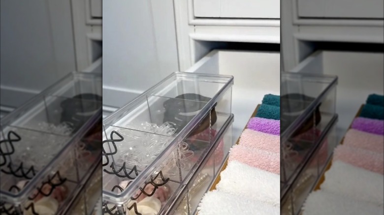 Hair items organized using Dollar Tree trays.
