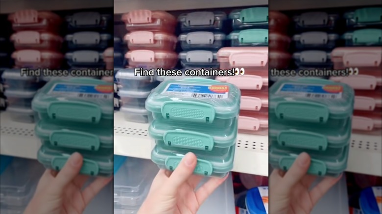 Closeup of person's hand holding a pack of Dollar Tree's Lock-Top Plastic Snack Containers