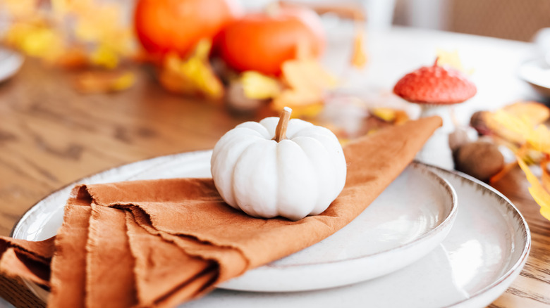 Fall table with napkin and miniature white pumpkin on a plate, shot of leaves and pumpkins in blurred focus background