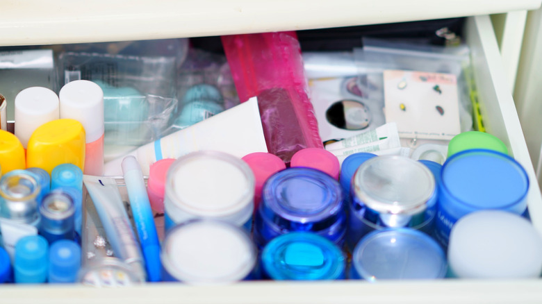 A drawer full of cosmetics
