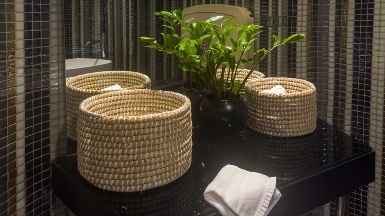 Woven baskets in bathroom