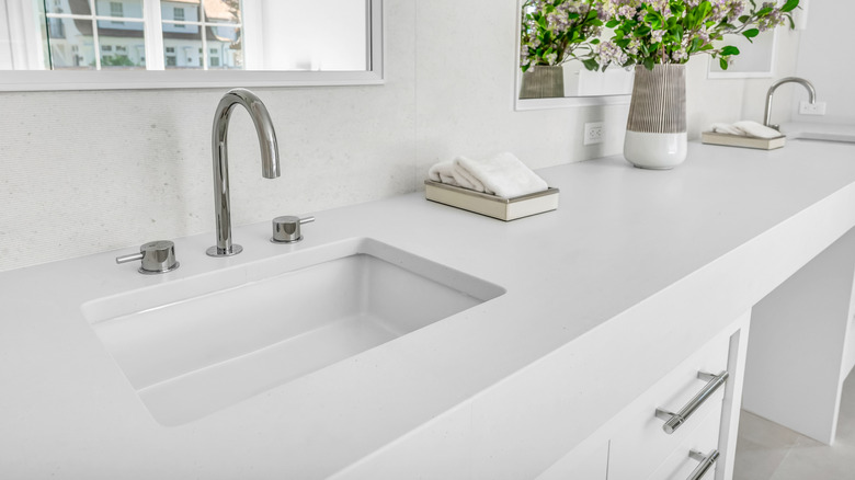bright white quartz bathroom countertop