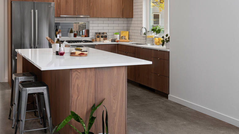 White concrete countertop in kitchen