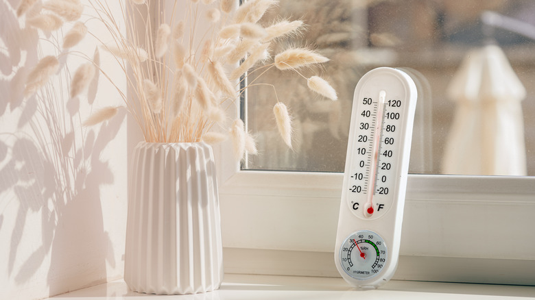 Thermometer sitting next to a window showing the temperature in the room