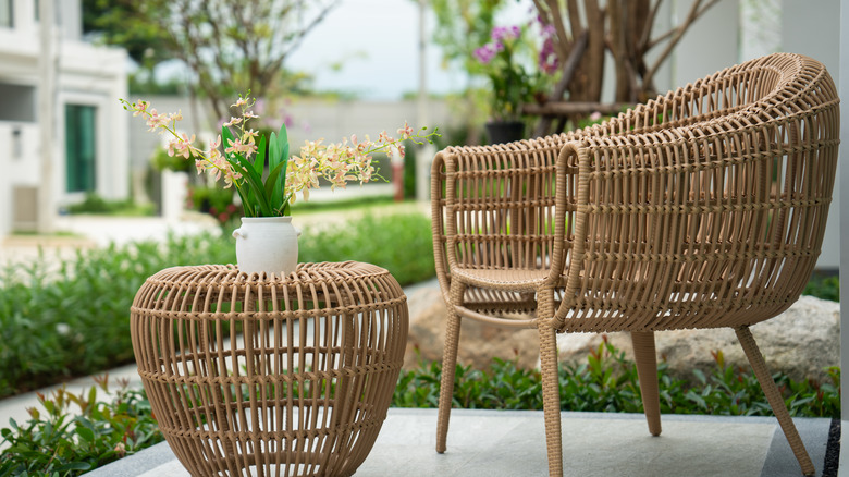 A bulky wicker chair