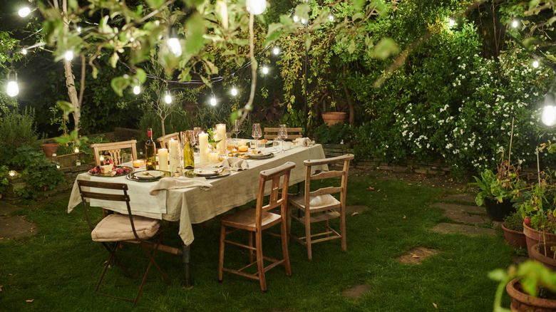 Dining table and chairs in a garden with lights