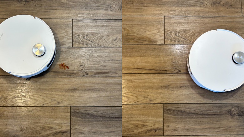 Before and after images side by side showing Aqua10 Ultra Roller on hardwood floors with a sticky ketchup stain, and then a clean floor after the device mopped over the stain