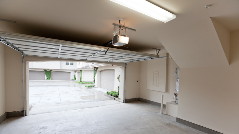Interior of garage with door open