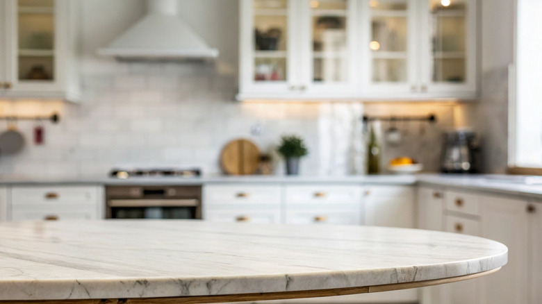 A close-up image of a round dining table in a kitchen