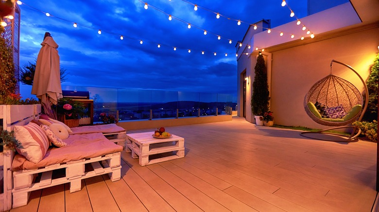 A decking setup at night 