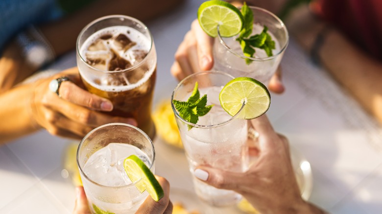 Group of people celebrating an occasion by toasting with cocktail drinks.