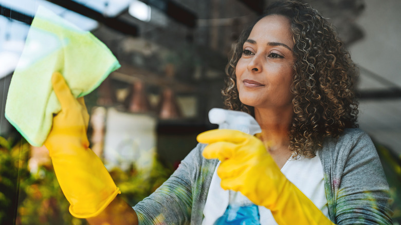 woman cleaning window with spray and cloth