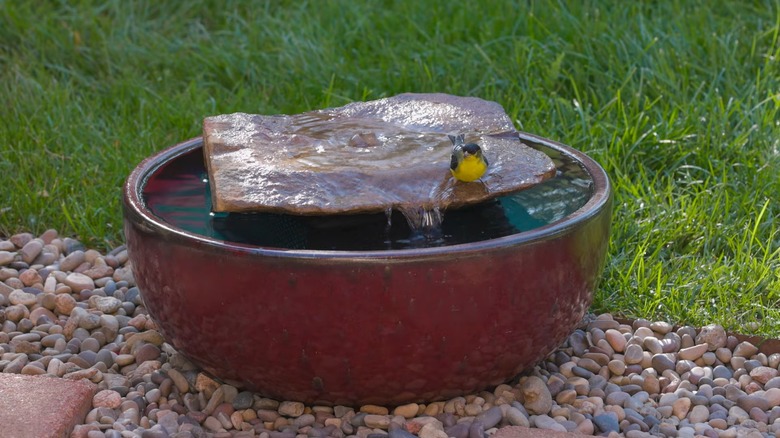 floating rock fountain with bird on it