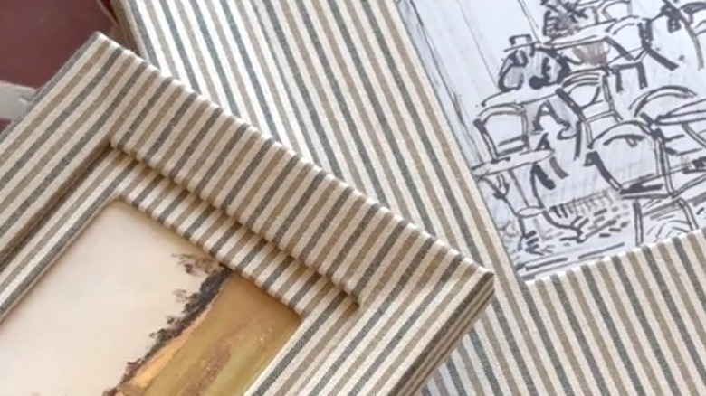 IKEA picture frames and mats wrapped in striped fabric
