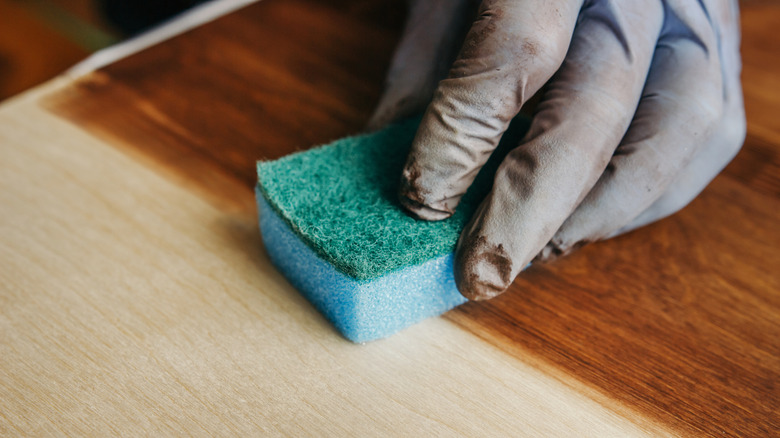 person staining plywood with sponge
