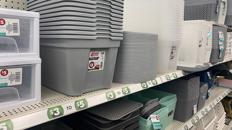 Dollar Tree storage options are displayed on shelves.