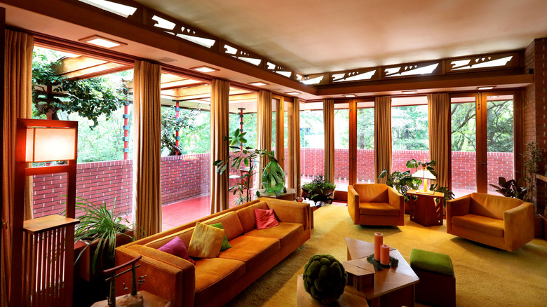 The living room inside The John E. and Catherine Christian House (also known as 'Samara'), a Usonian and Modern Architecture style home designed by architect Frank Lloyd Wright and completed in 1956 in West Lafayette, Indiana on September 20, 2025.