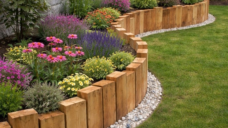 Garden edging made out of scrap wood cut into blocks.