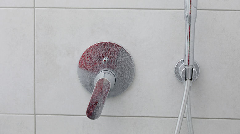 Shower faucet and glass with soap scum and hard water stains