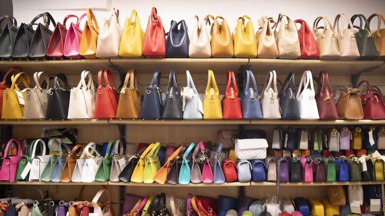 Shelves full of dozens of purses in multiple colors