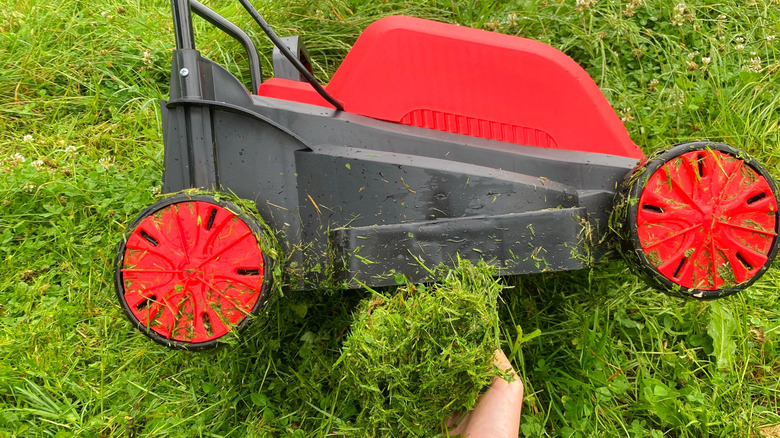 Lawn mower surrounded by grass clippings