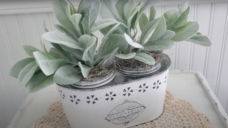 White planter box with two mason jars and greenery