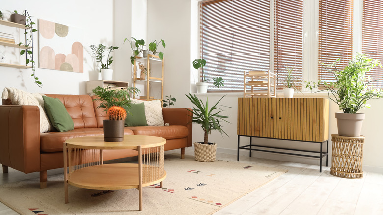 A calm living room full of houseplants, neutral hues, and mid-century inspired furniture.
