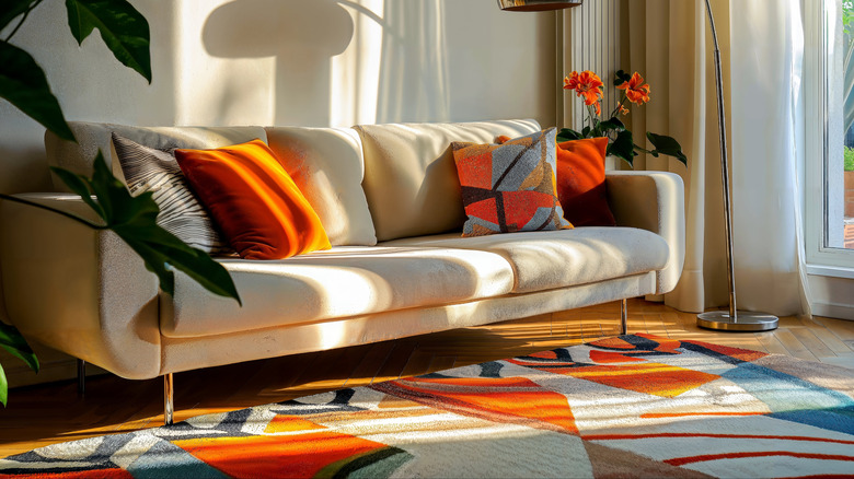 A living room with a brightly patterned rug