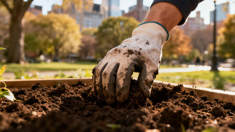 Gloved hand digging in a garden bed